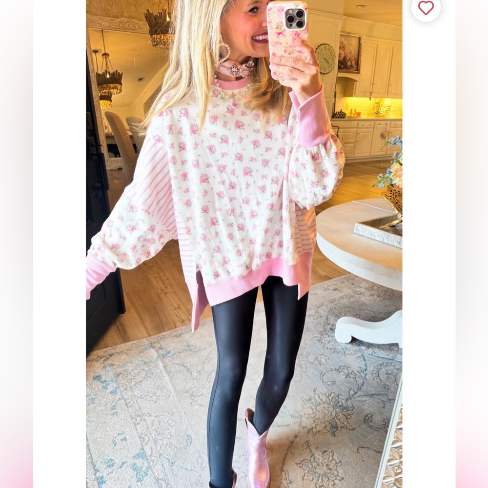 Pink Floral and Striped French Terry Top Long Sleeve